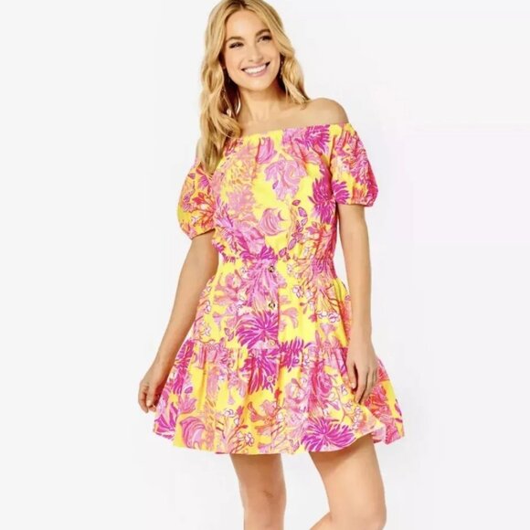 Lilly Pulitzer Jesiba Romper in Calla Yellow Floral Coral Size Small - Picture 1 of 5
